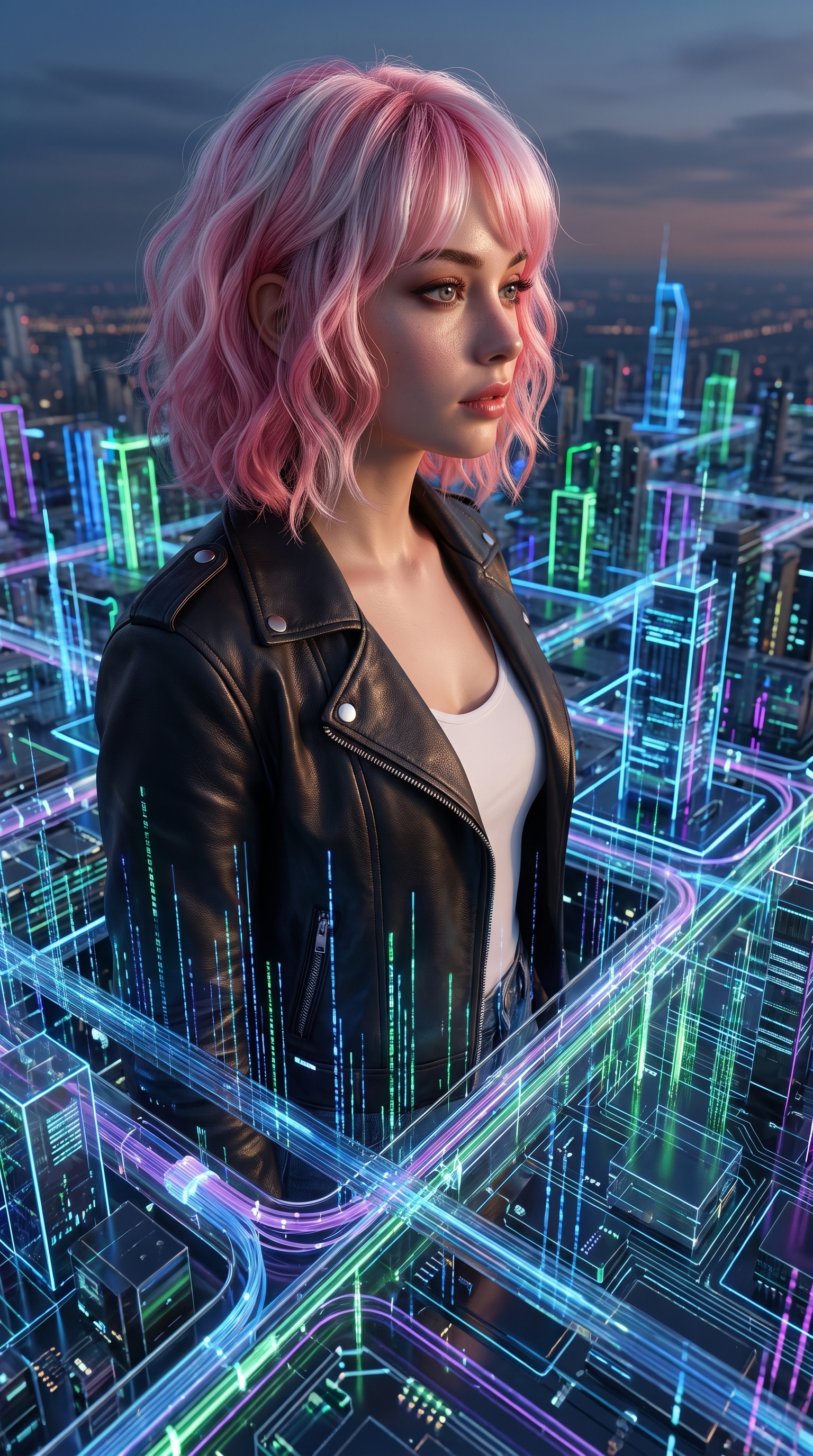 Linder, cabello rosa, chaqueta de cuero y ciudad de luz