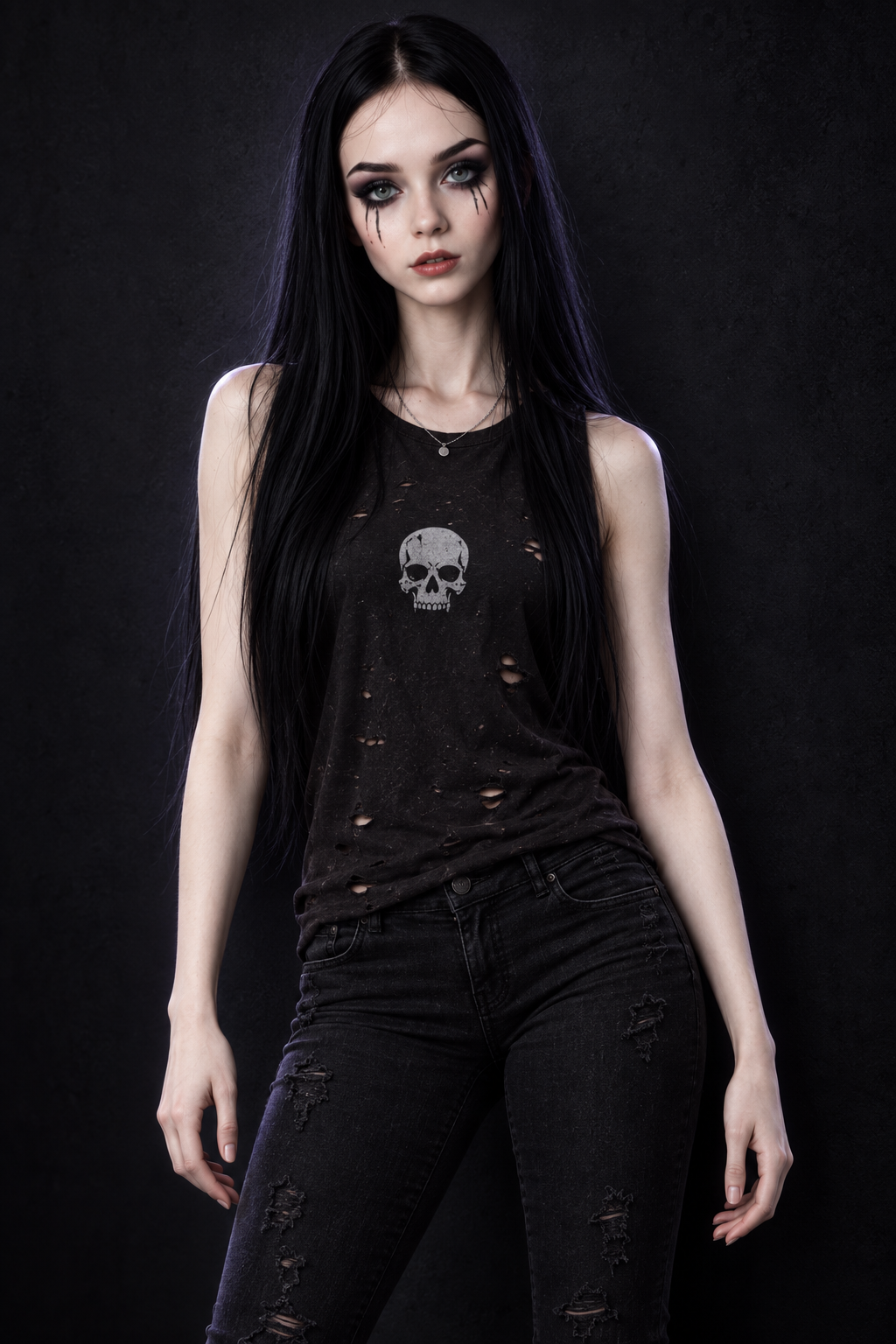 Luna, piel de porcelana, cabello negro y estilo rocker sin tatuajes