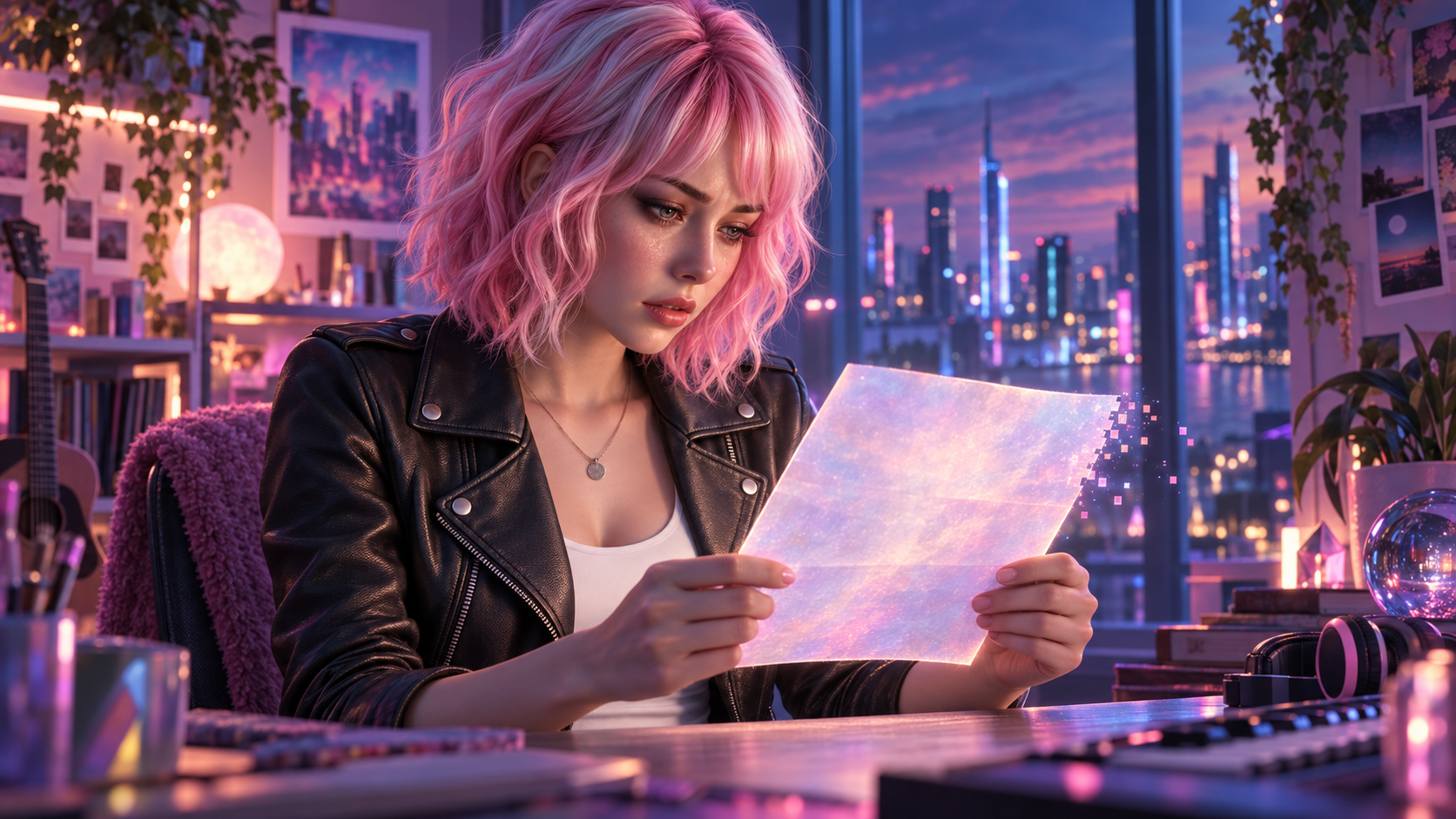Linder lee una carta luminosa que pierde pequeños píxeles, en su cuarto rosa, azul y lavanda.