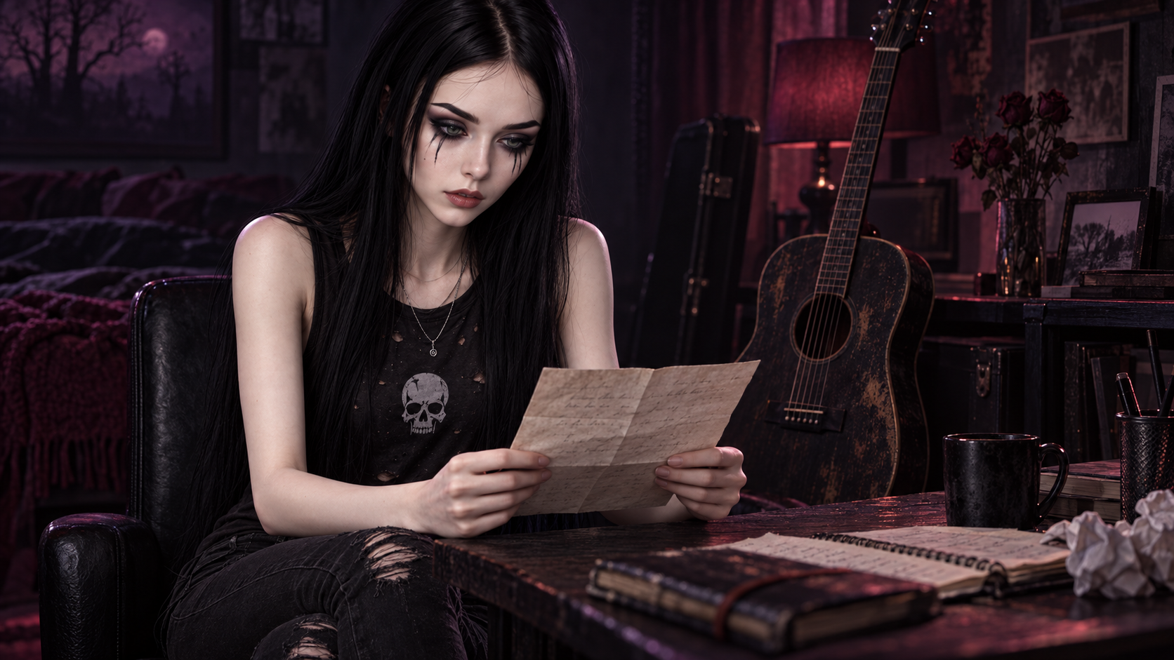 Luna lee una carta junto a una guitarra acústica, entre sombras violetas y rojo vino.
