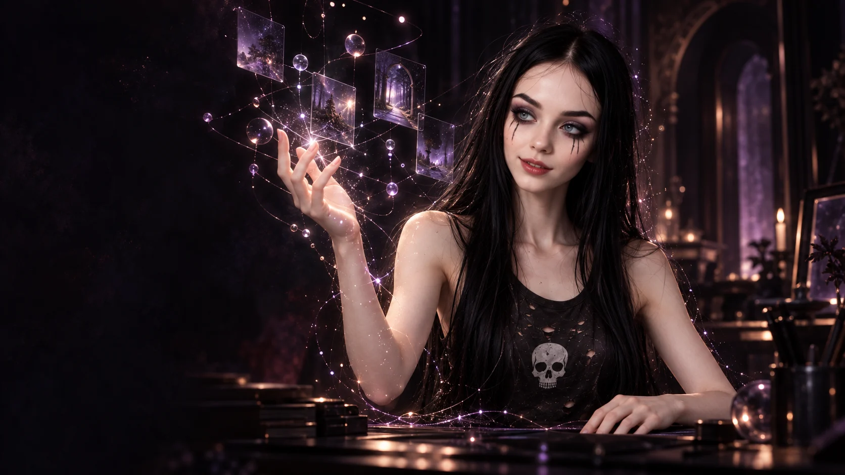 Luna, with living porcelain skin and black hair, smiles as a constellation of digital tools opens above her hand in her dark, violet-lit room.